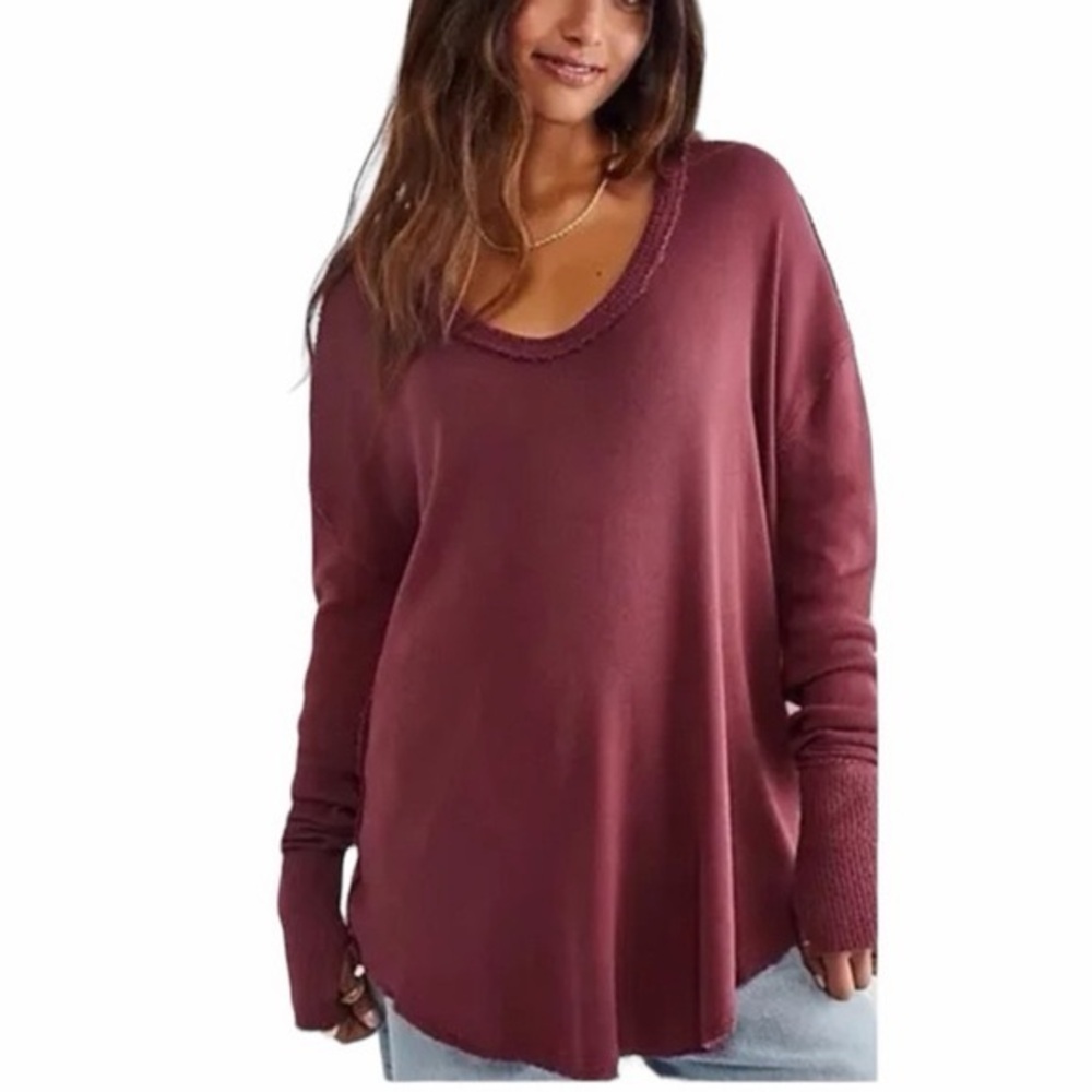 Free People Care Colby Long Sleeve Burgundy Scoop Neck Oversized Tee Size Medium